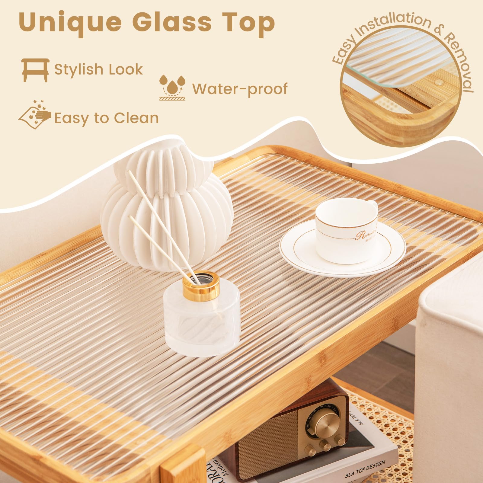Giantex 2-Tier Bamboo Side Table w/Glass Top, End Table
