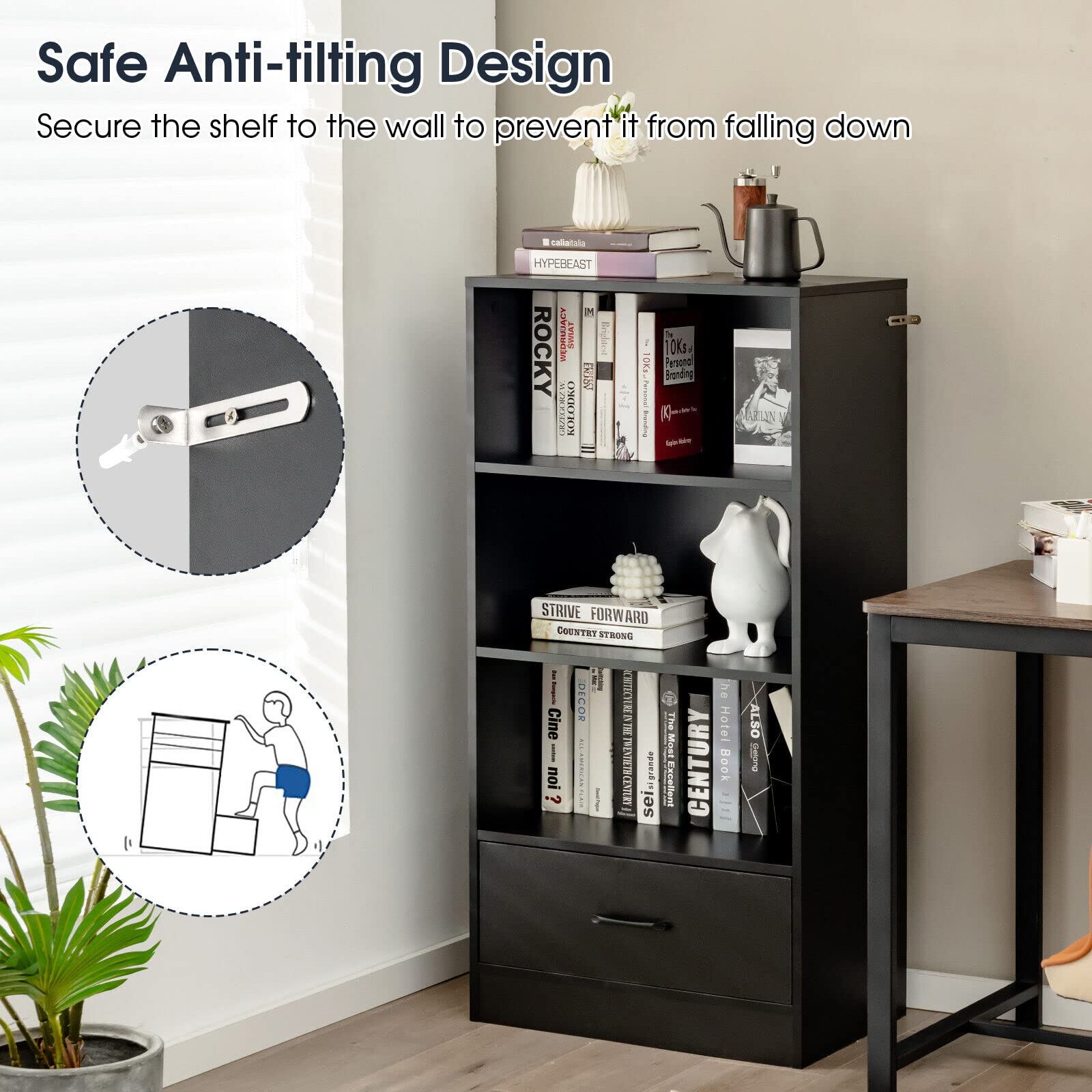 Giantex 4-Tier Storage Shelf, Wood Bookcase w/ Storage Drawer and Anti-toppling Device, Floor Standing Bookshelf