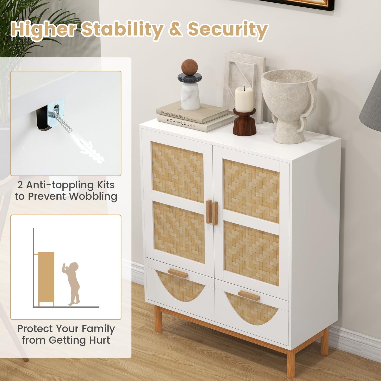 Giantex 2-Door Sideboard Buffet Cabinet, Accent Floor Storage Cabinet with Bamboo Woven Doors
