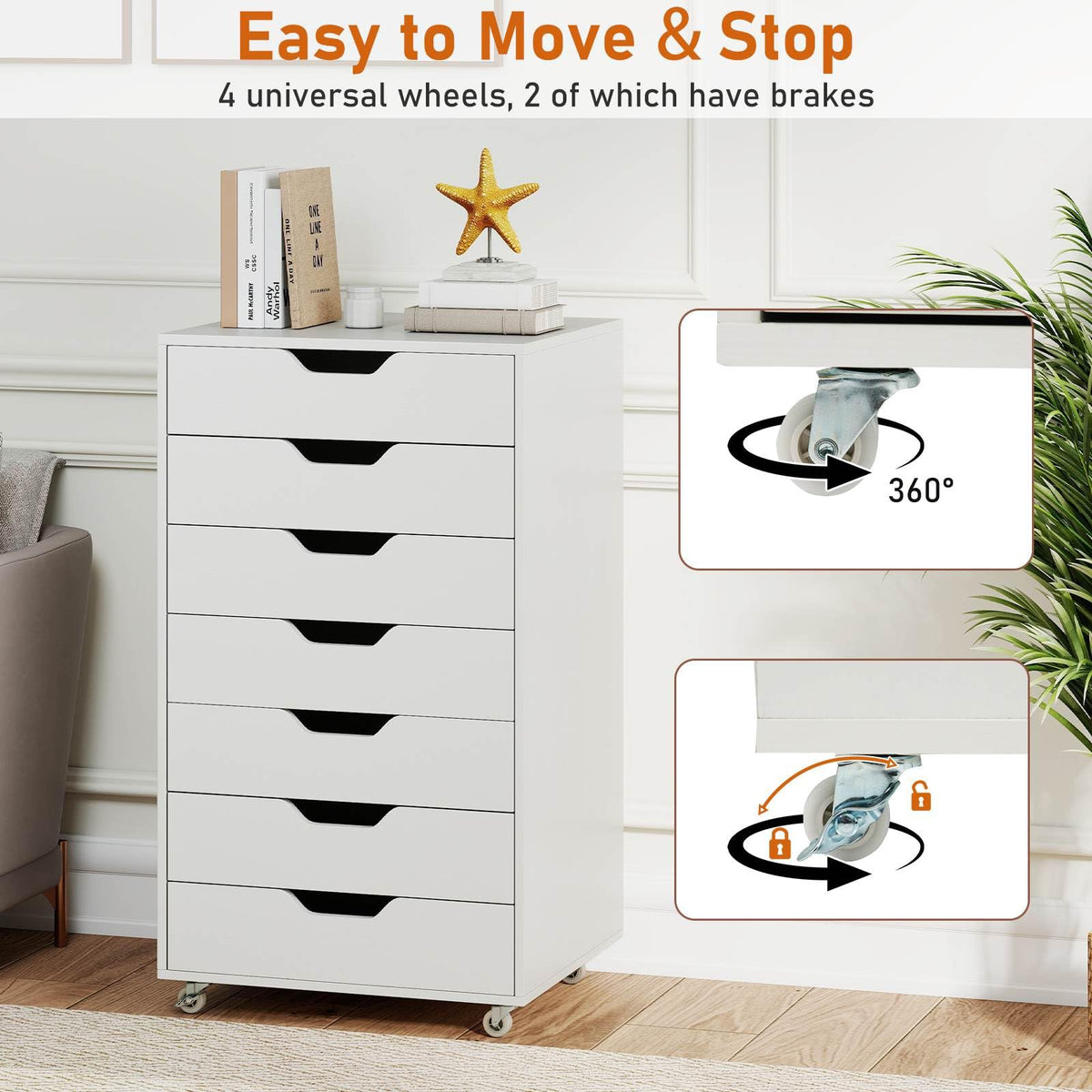 7-Drawer Storage Cabinet, Mobile File Organizer with 4 Universal Casters, Wooden Vertical Filing Dresser Chest on Lockable Wheels for Office, Study, Living Room, Bedroom