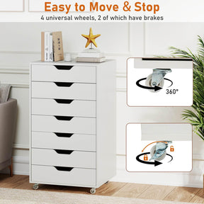 7-Drawer Storage Cabinet, Mobile File Organizer with 4 Universal Casters, Wooden Vertical Filing Dresser Chest on Lockable Wheels for Office, Study, Living Room, Bedroom