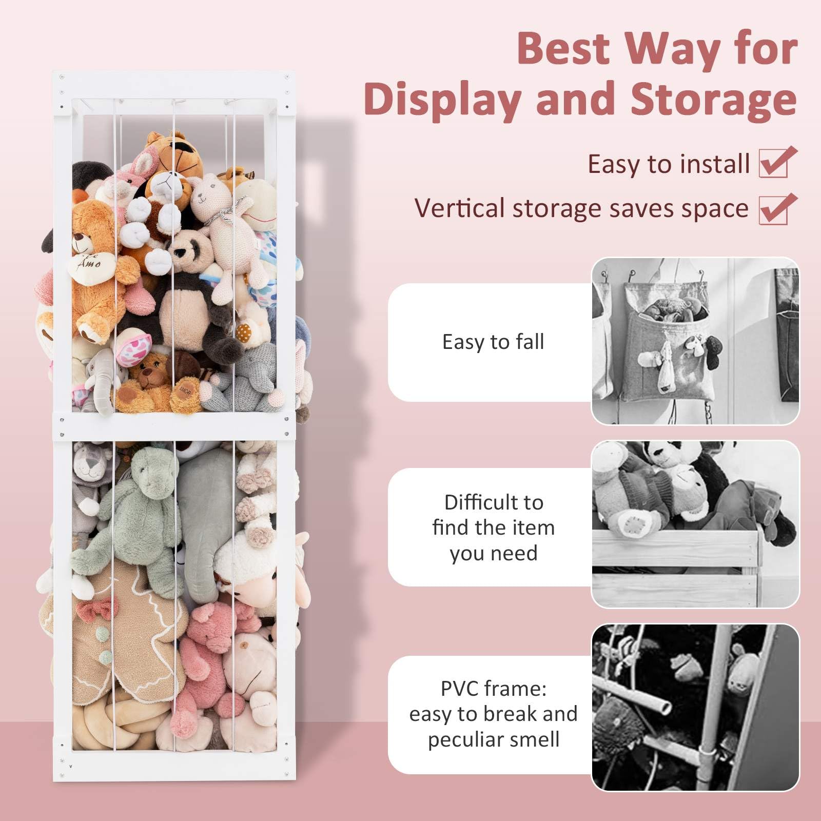 300L Large Stuffed Animal Storage, Space-saving Plush Toy Cage w/Open Top & Elastic Cords