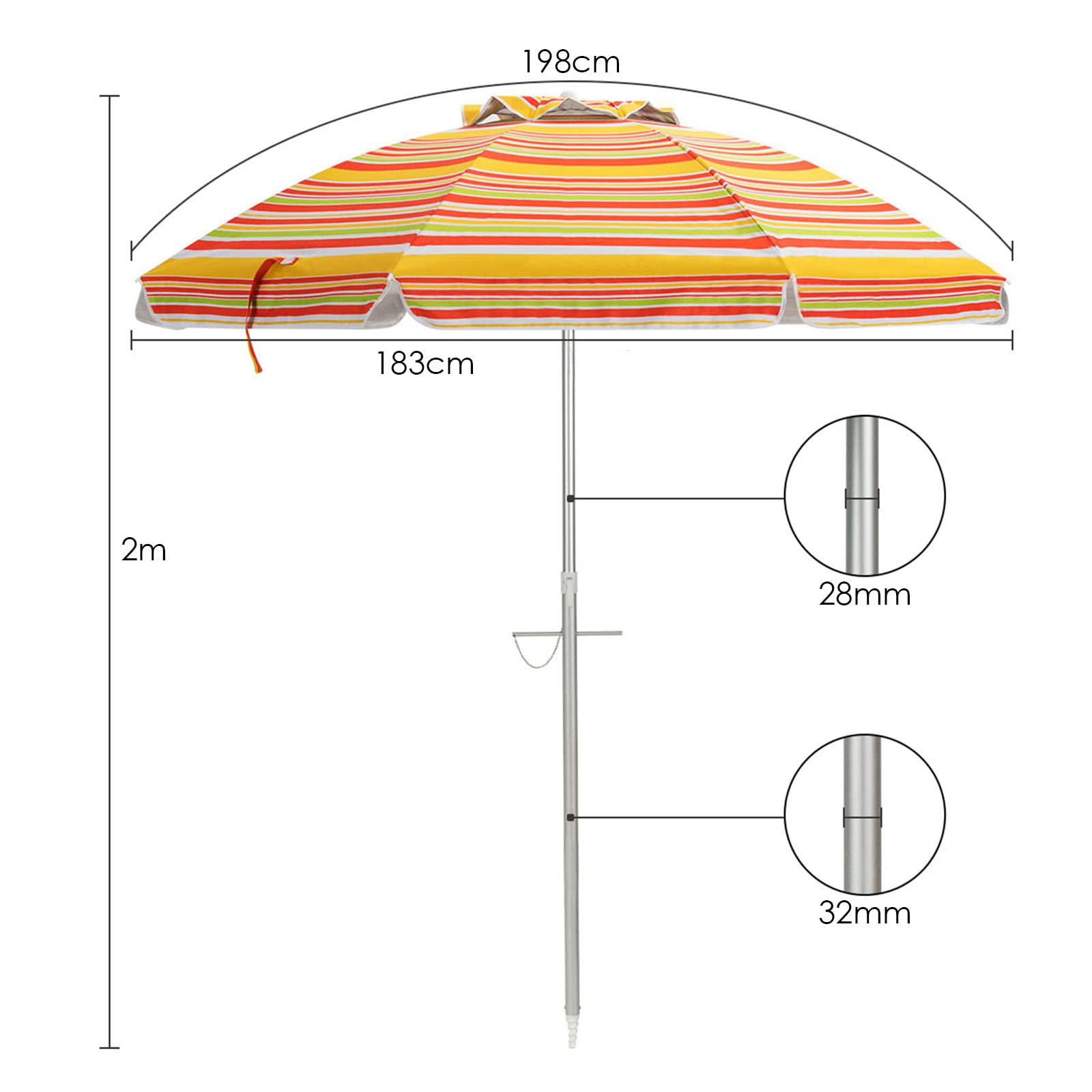 198cm Beach Umbrella w/Sand Anchor, Outdoor Patio Umbrella w/Push Button Tilt & UPF 50+ Protection