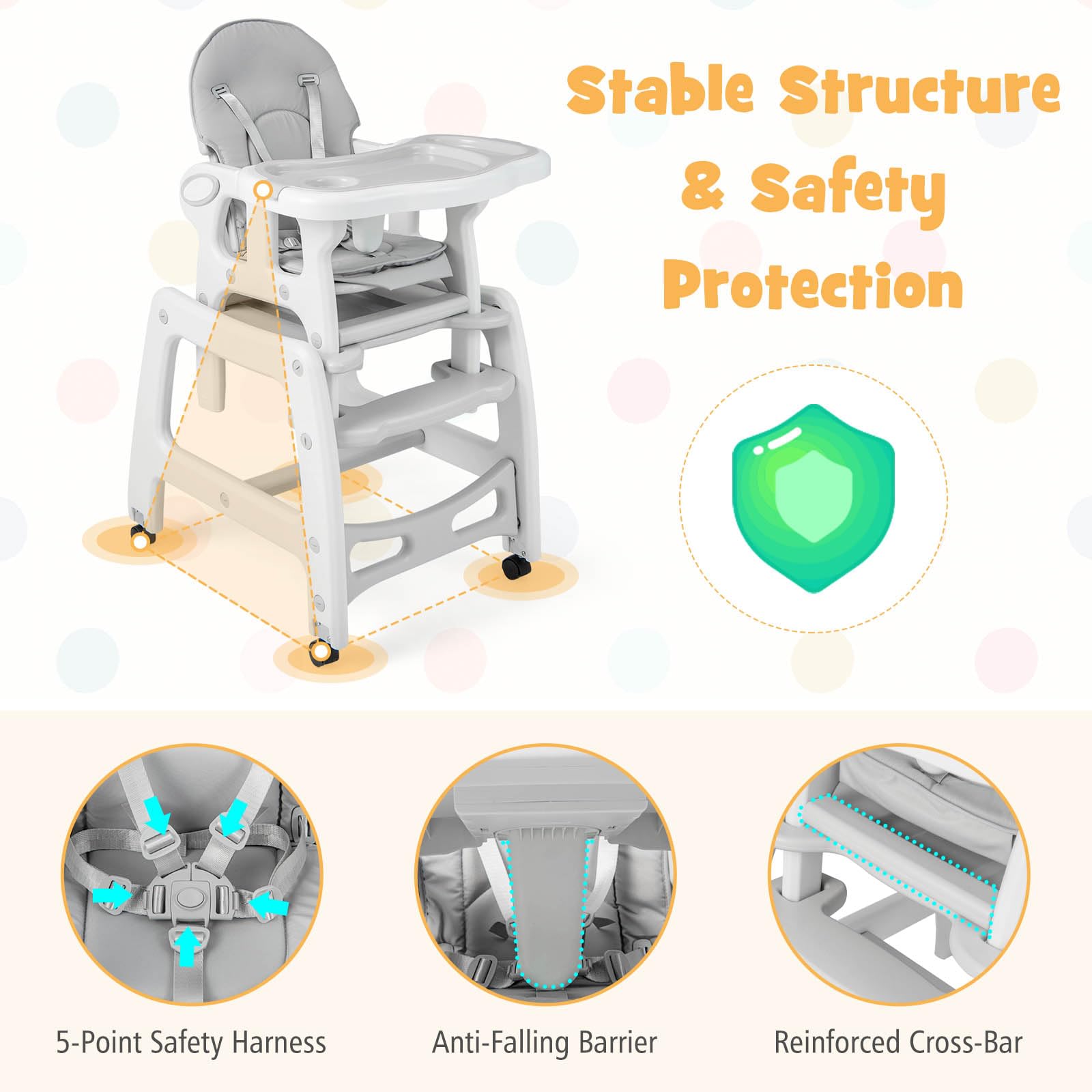 3-in-1 Highchair with Removable 4-Position Tray and Seat Cushion for 6-36 Months
