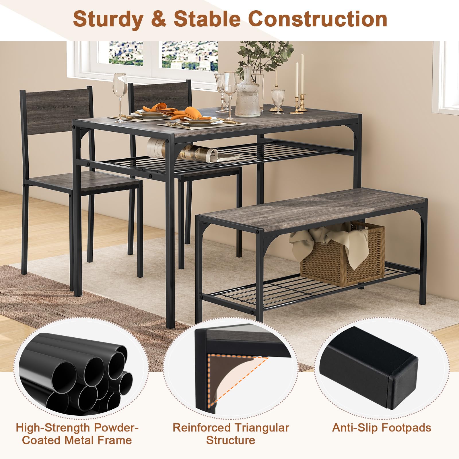 Giantex 4-Piece Dining Set Dining Table w/ 2 Chairs and Bench for 4