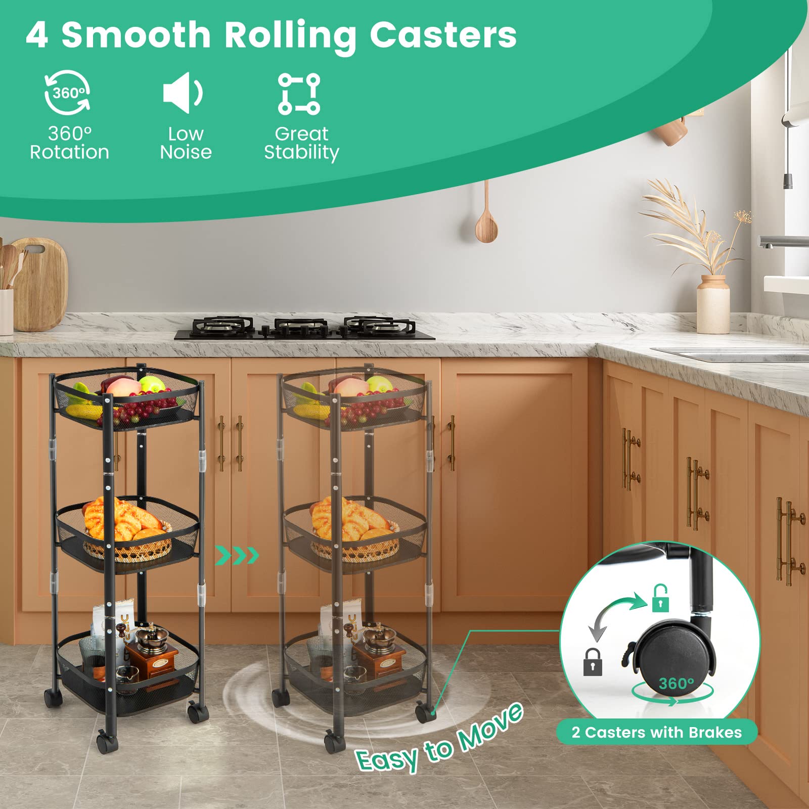 Giantex Foldable 3-Tier Utility Rolling Cart, One-Second Folding Metal Fruit Vegetable Storage Basket Stand with Wheels