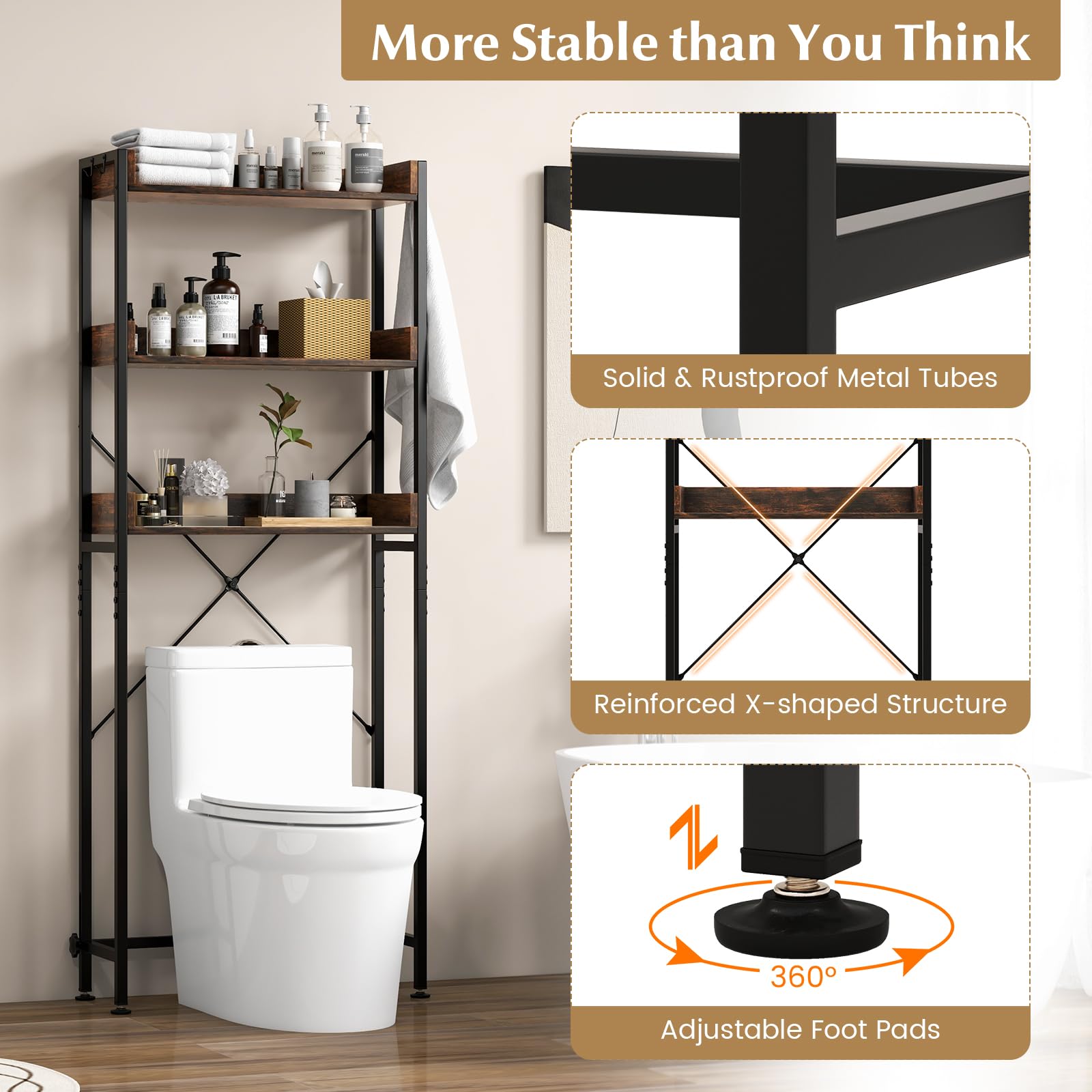 Giantex Over The Toilet Storage Rack 3-Tier Bathroom Space Saver Organizer Shelf w/ 4 Hooks & Adjustable Bottom Bar