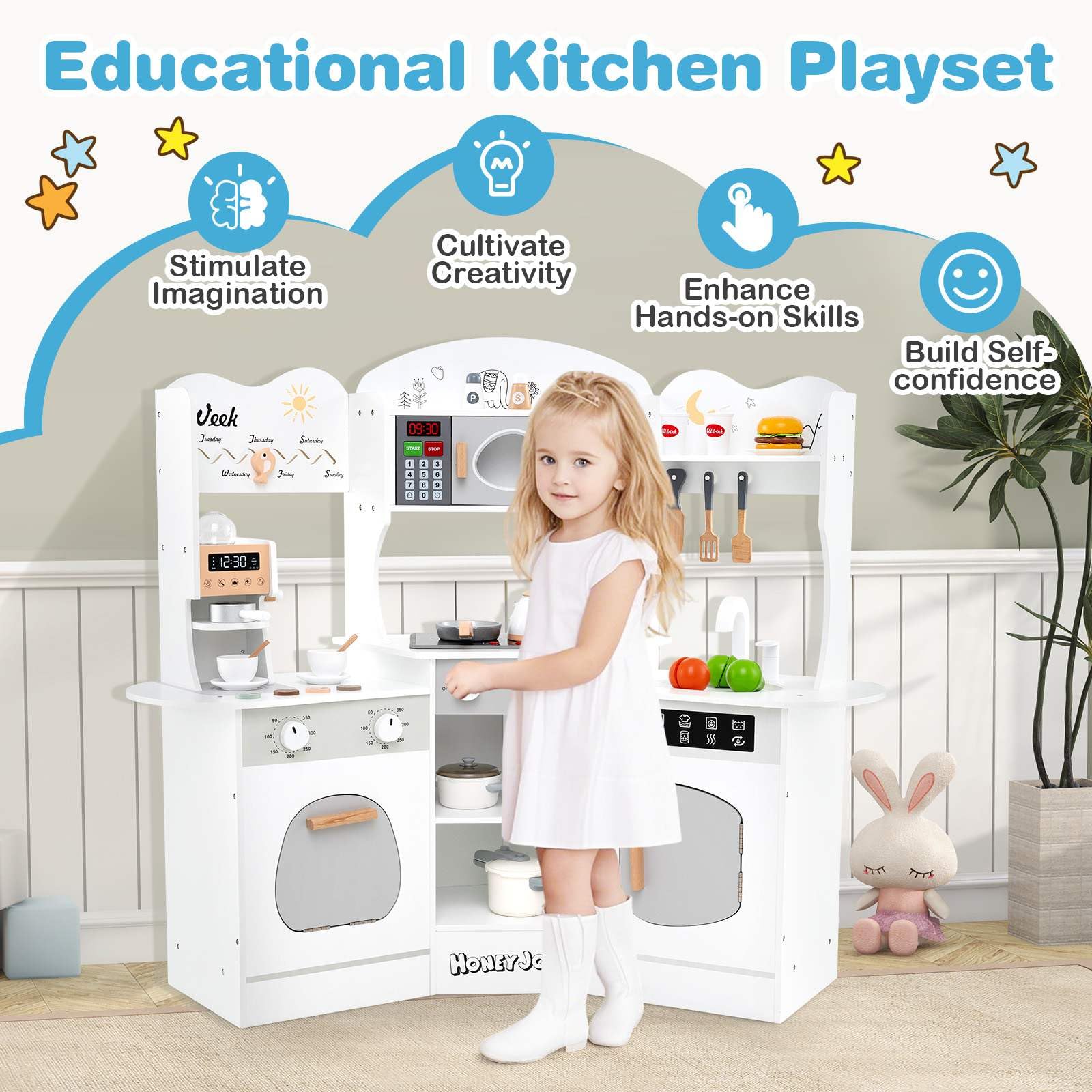 Corner Wooden Play Kitchen, 18 PCS Pretend Kitchen Playset w/Coffee Machine, Slide, Microwave, Oven