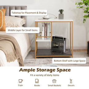 Giantex White Marble Side Table, 3-Tier End Table w/Golden Polished Steel Frame, Marble & Golden