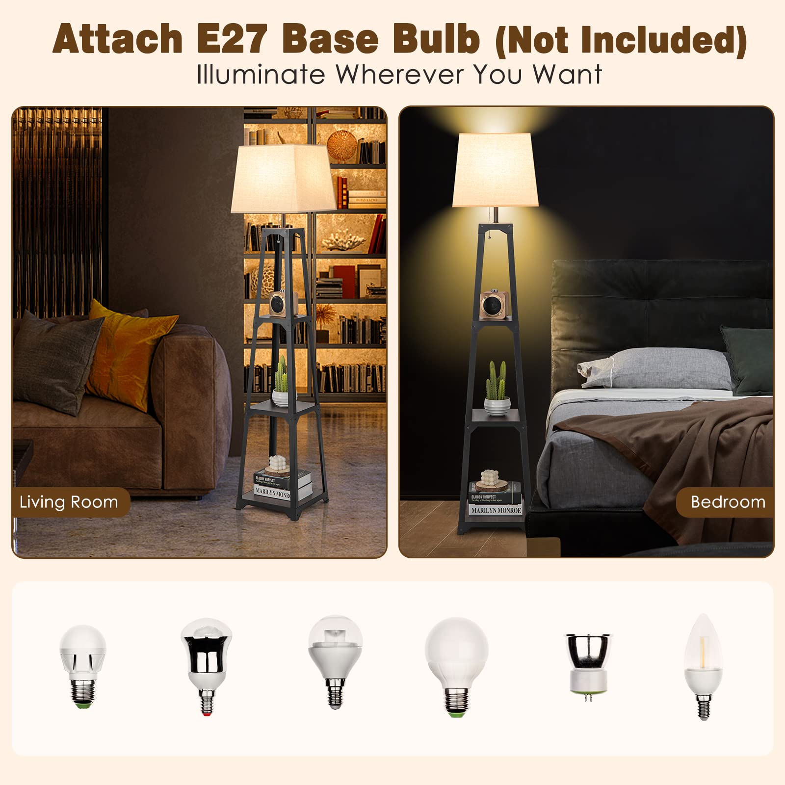 Shelf Floor Lamp, Display Floor Lamp with Shelves and Linen Lampshade