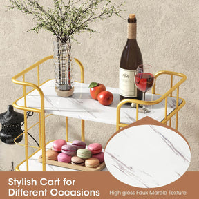 Gold Bar Cart, Home Island Service Cart, 3 Tier Storage Shelves with Guardrail, Imitation Marble Top