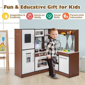 HONEY JOY Wooden Corner Play Kitchen, Toddler Kitchen Playset w/Lights & Sounds