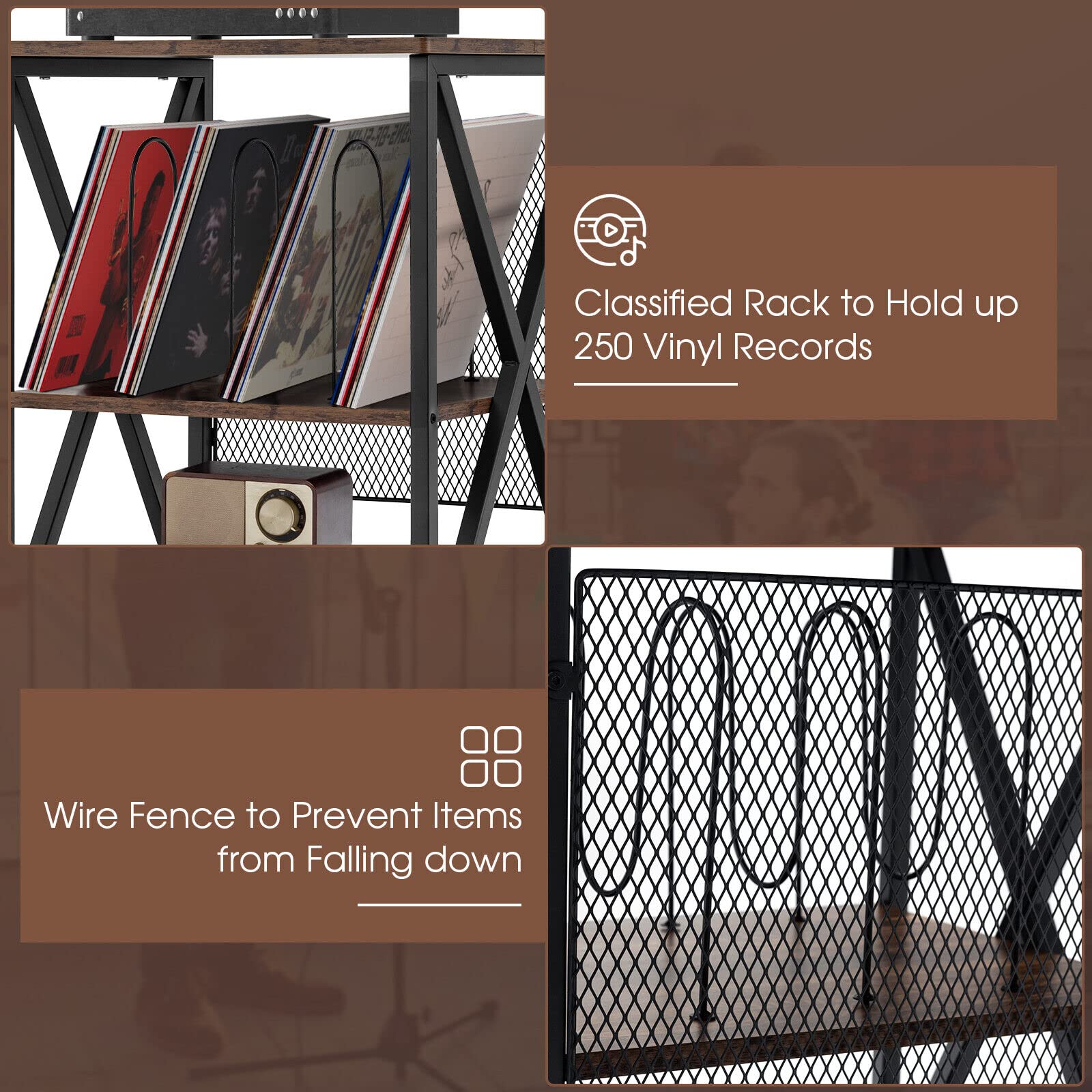 Giantex 3-Tier End Table, Rolling Turntable Stand, Rustic Vinyl Record Storage Holder w/ 3 Dividers for Albums