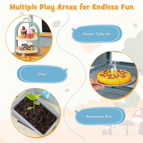Kids Pretend Play Mud Kitchen, 2-in-1 Outdoor Toy Kitchen & Dining Area w/Storage, Accessories