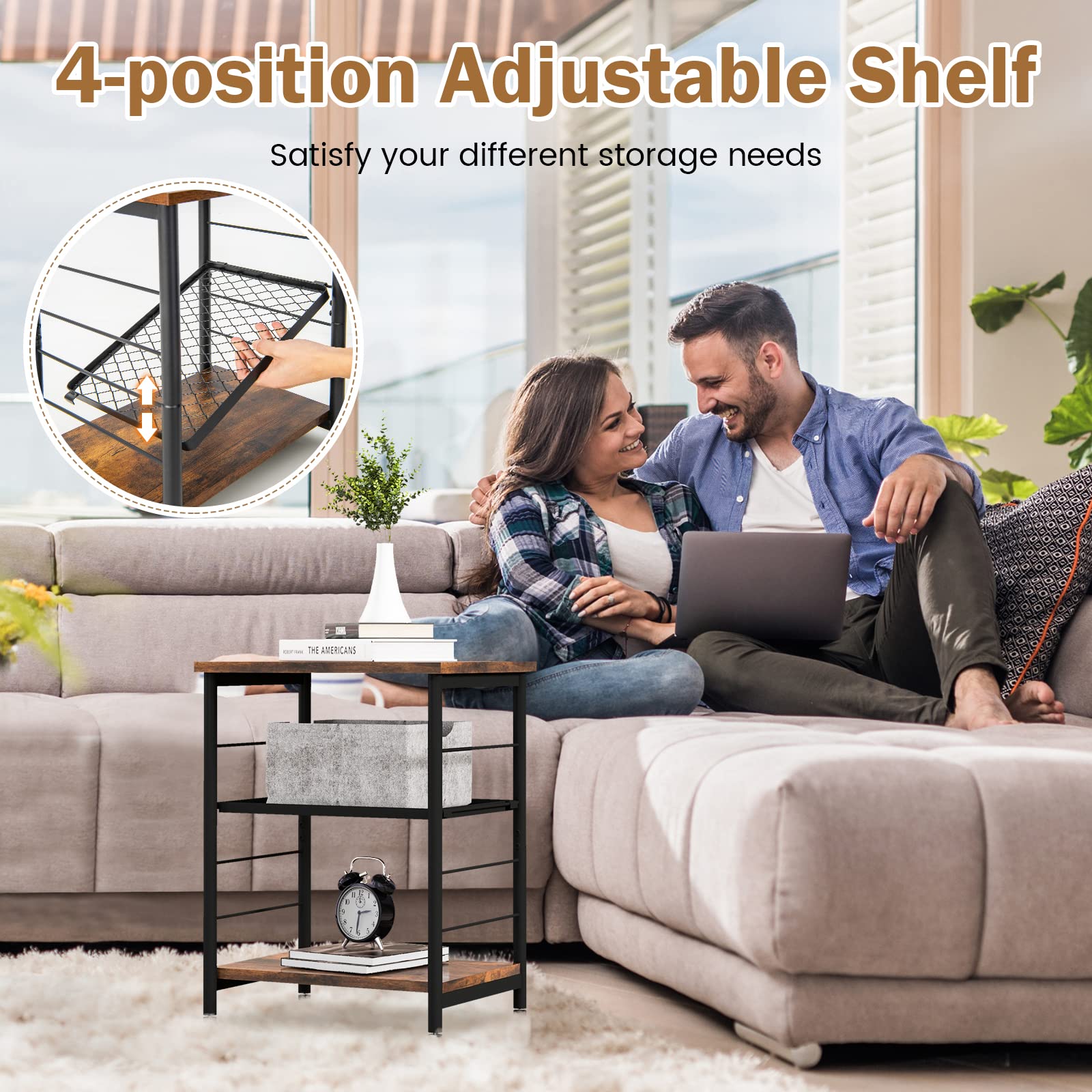 Giantex 3-Tier Industrial Side Table, Metal Frame Bedside Table