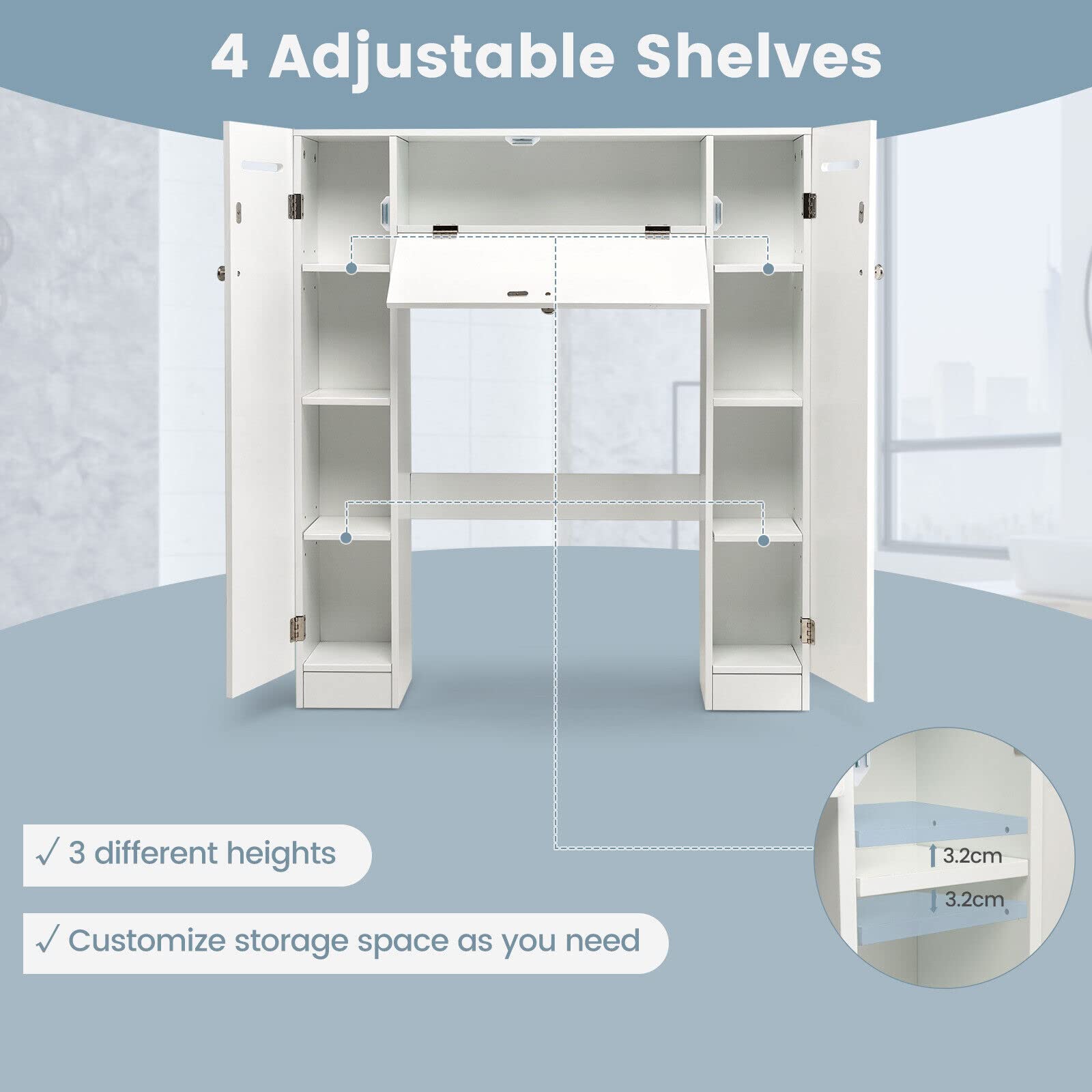 Giantex Over The Toilet Storage Cabinet, Freestanding Toilet Organizer w/Adjustable Shelves & Toilet Paper Holders, White