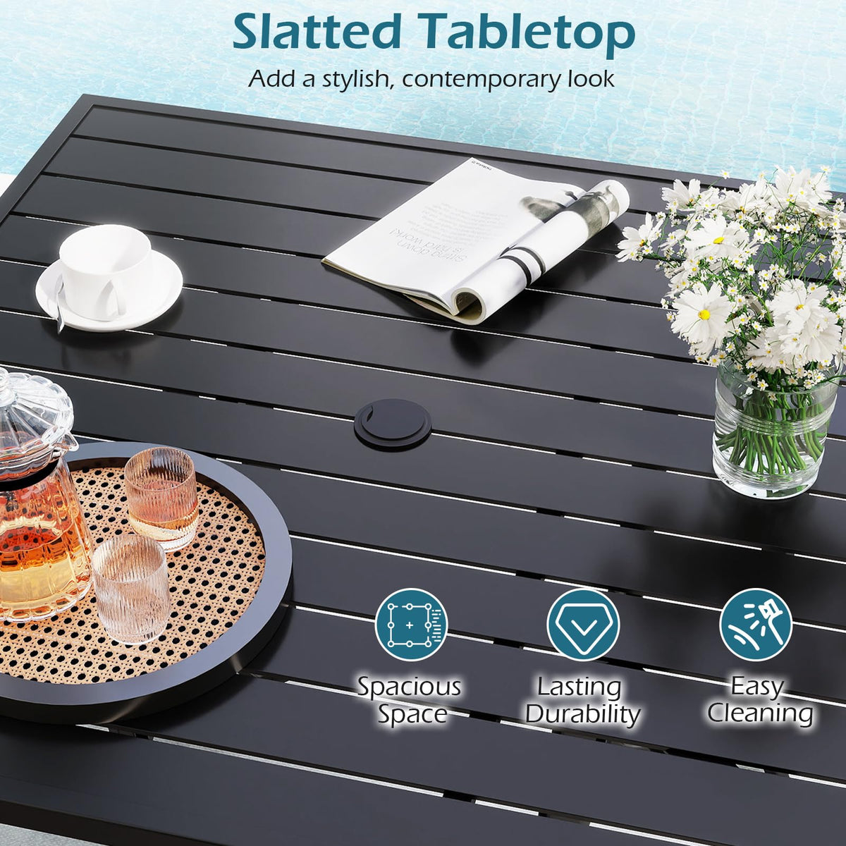 Square Patio Table for 4 , 91 cm Square Metal Slat Table with 4-6 cm Adjustable Umbrella Hole