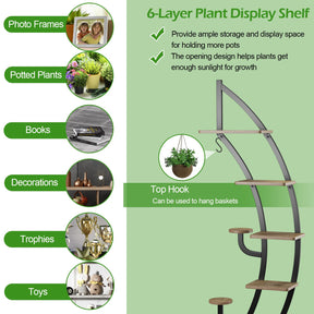 6-Tier Tall Metal Plant Stand Rack, Curved Half Moon Shape Ladder Planter Shelf W/ Top Hook