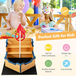 Wooden Sandbox, Large Pirate Ship Play Toy w/2-in-1 Storage Benches, Bottom Sand Protection
