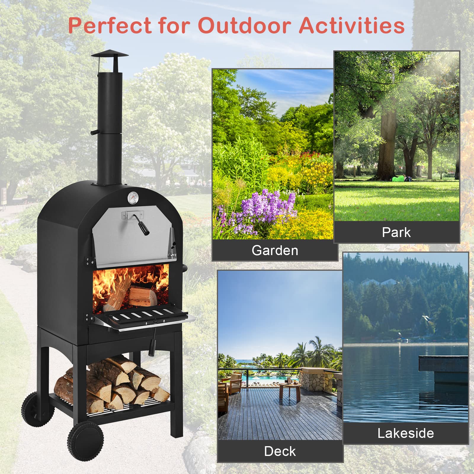 Portable Outdoor Pizza Oven, Patio Pizza Grill, Wood-fired Pizza Maker w/Pizza Stone, Waterproof Cover and Pizza Peel