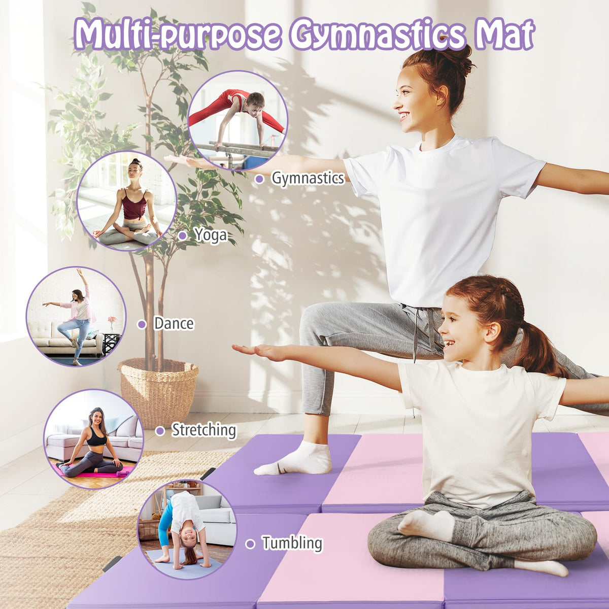2.4M 4-Panel PU Leather Gym Mat w/Hook & Loop Fasteners & Carrying Handles for Gymnastics