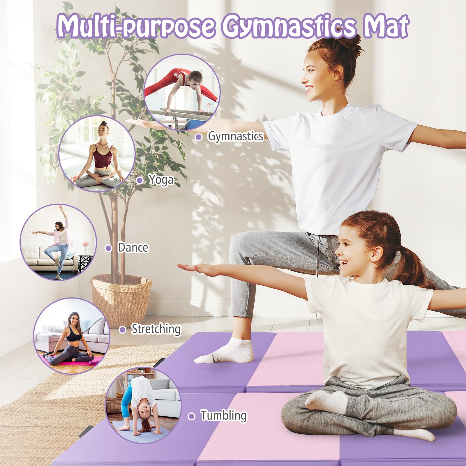 2.4M 4-Panel PU Leather Gym Mat w/Hook & Loop Fasteners & Carrying Handles for Gymnastics