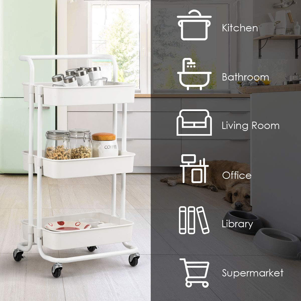 Giantex 3-Tier Kitchen Trolley Cart with Wheels, Multifunctional Cart with Utility Handle