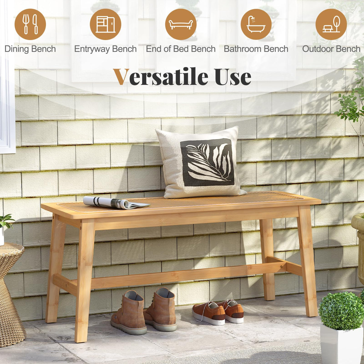 100cm Bamboo Dining Bench with Handwoven Rattan Seat, Wooden Entryway Bench, Farmhouse Kitchen Table Bench