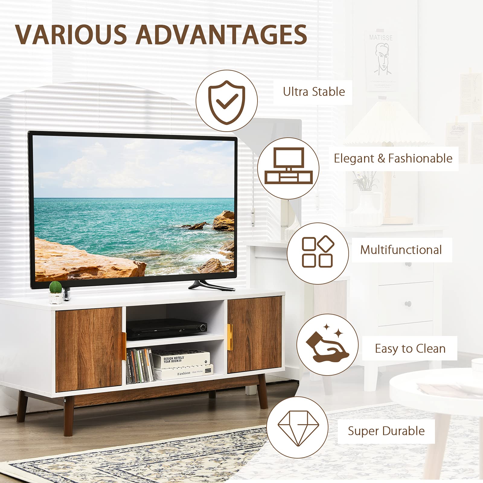 Giantex 2-Door TV Stand for Flat Screen TVs up to 50”, Entertainment Center w/Open Storage Shelf