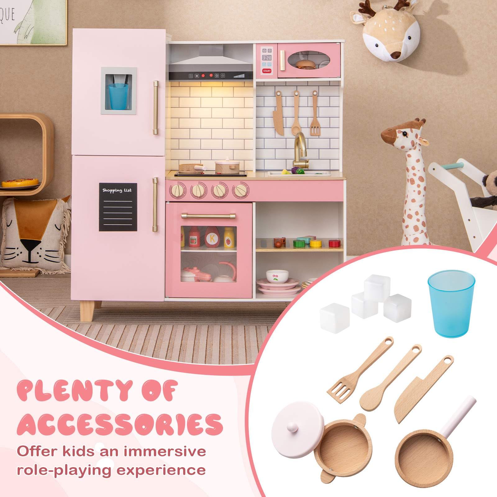 Kids Kitchen Playset, Wooden Pretend Play Kitchen w/Ice Maker, Range Hood, Blackboard