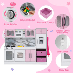 Kids Kitchen Playset with Lights and Sounds, 2-Piece Modular Wooden Play Kitchen w/Water Circulation