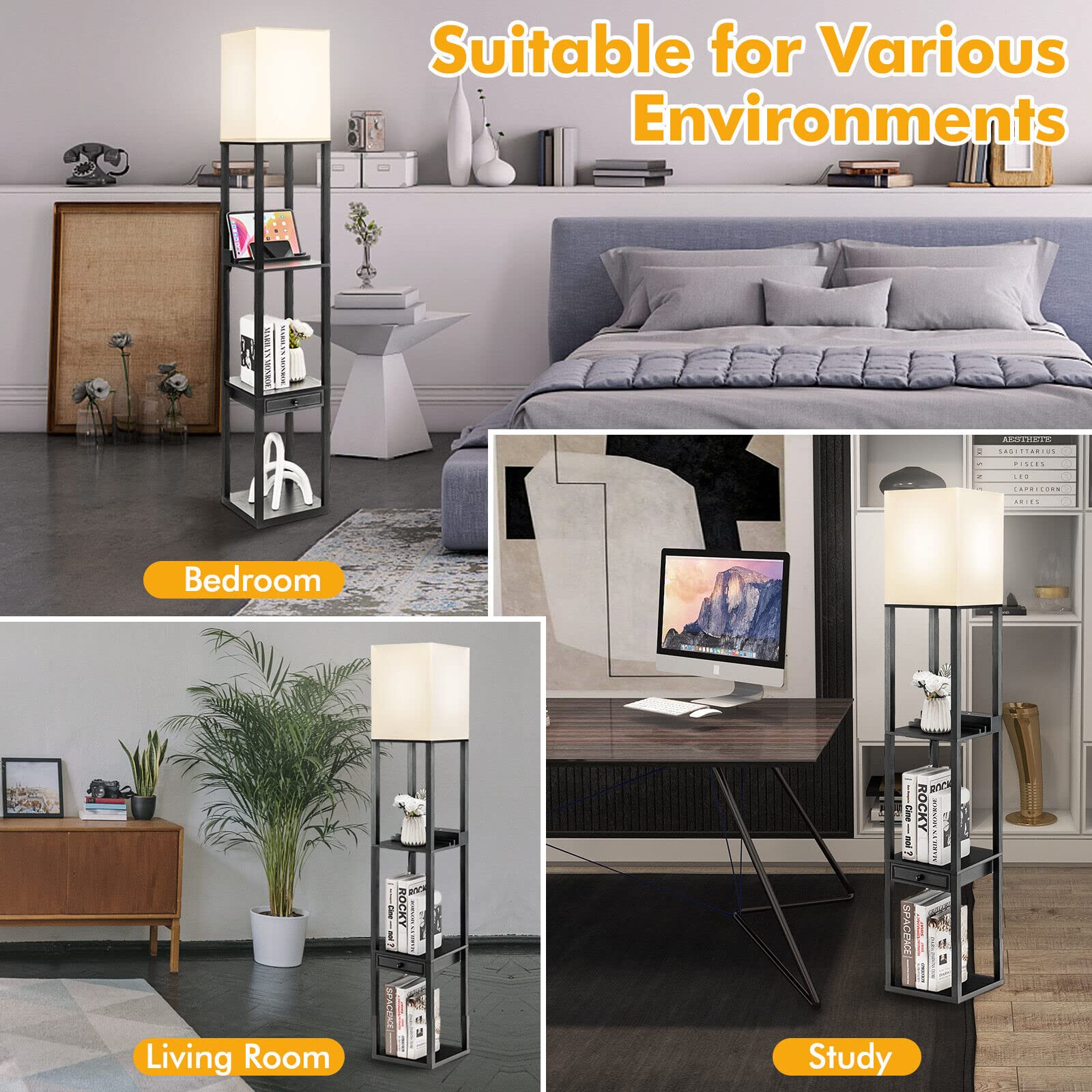 Modern Shelf Floor Lamp, Dimmable Standing Lamp Shelf w/ 1 Drawer & 1 USB Port