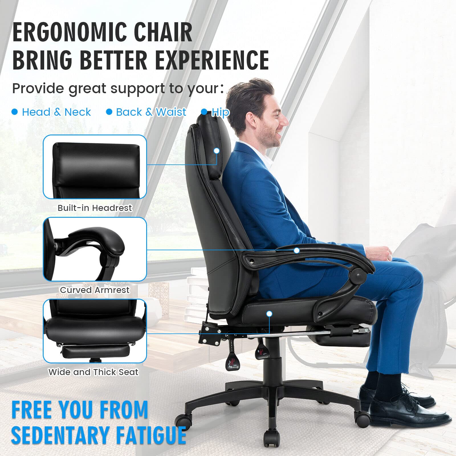 Giantex Ergonomic Executive Office Chair, High Back Leather Reclining Chair w/Headrest, Black