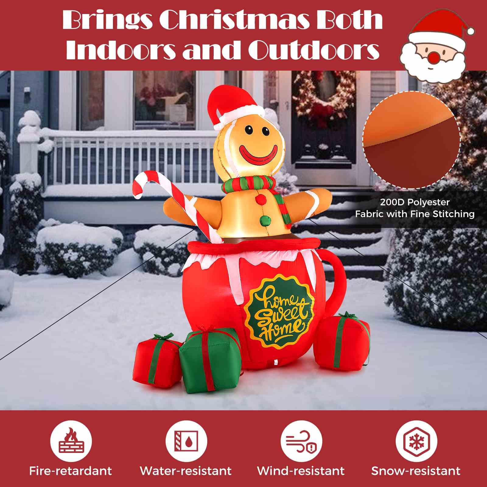 210CM Inflatable Gingerbread Man in Hot Cocoa Mug, Xmas Blow up Yard Decoration with Built-in LED Lights