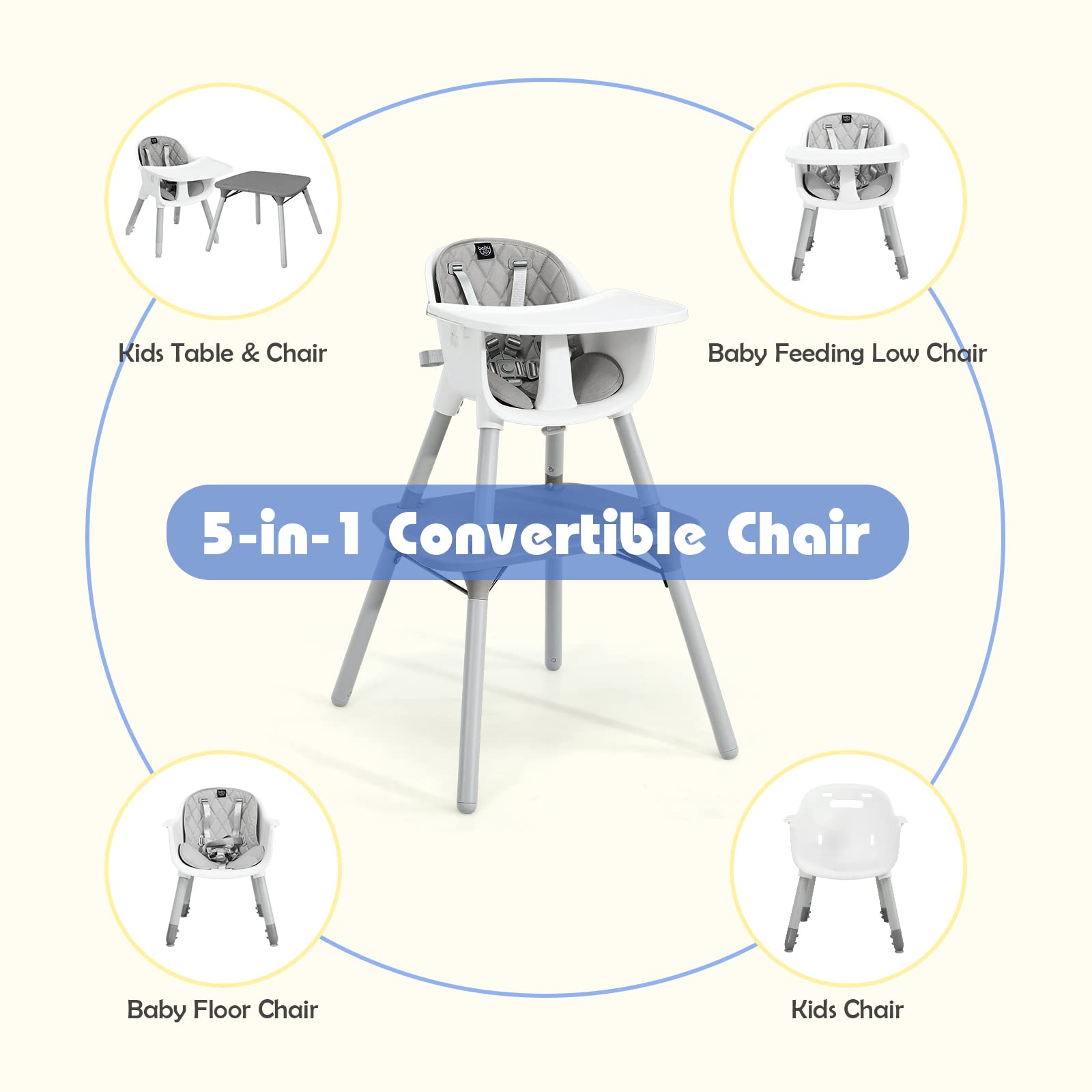 5 in 1 Convertible Baby High Chair, Infant Dining Chair Booster Seat w/Removable Tray