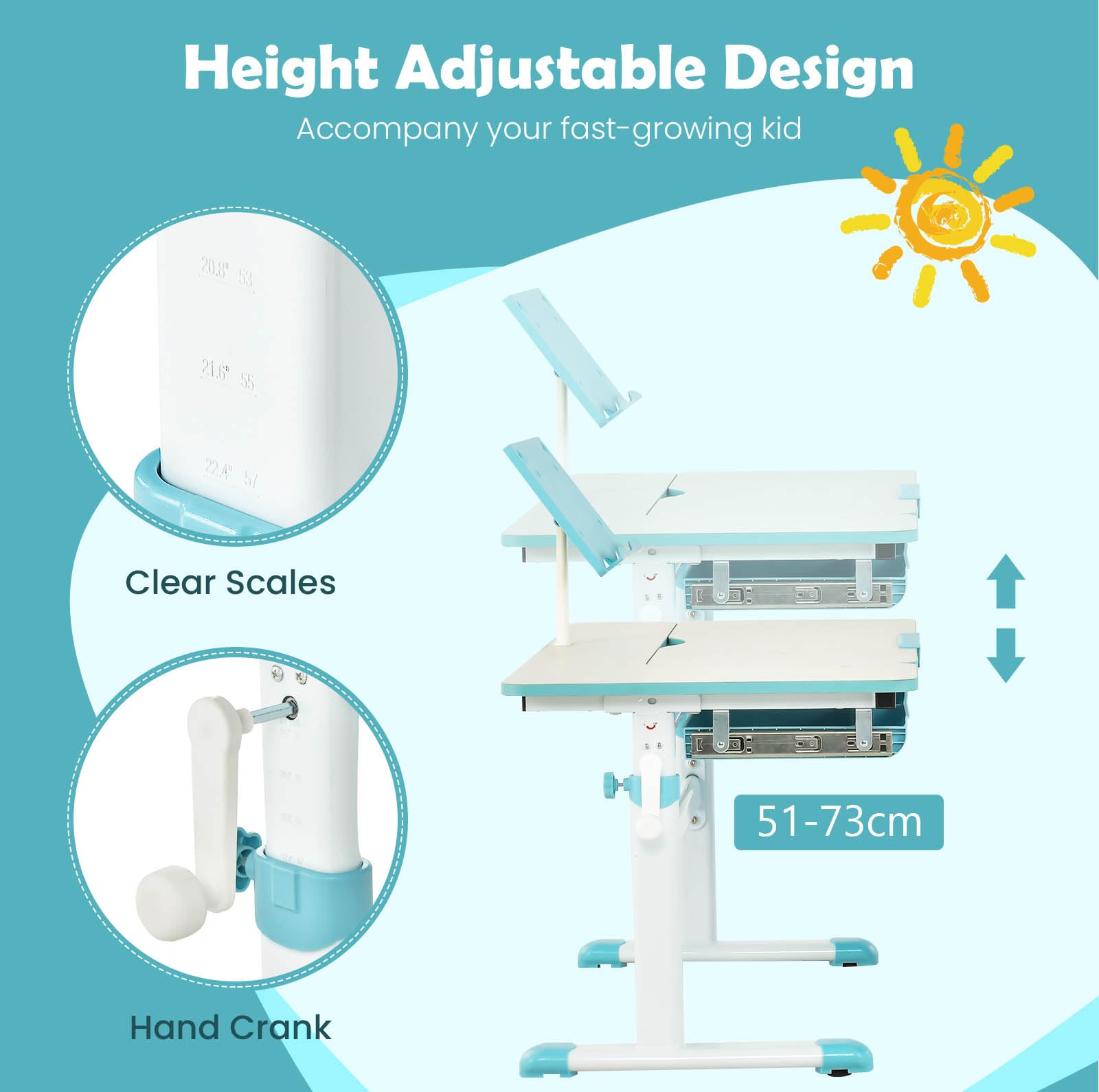 HONEY JOY Height-Adjustable Kids Desk w/Tilt Desktop & Book Stand, Storage Drawer & Scale Ruler