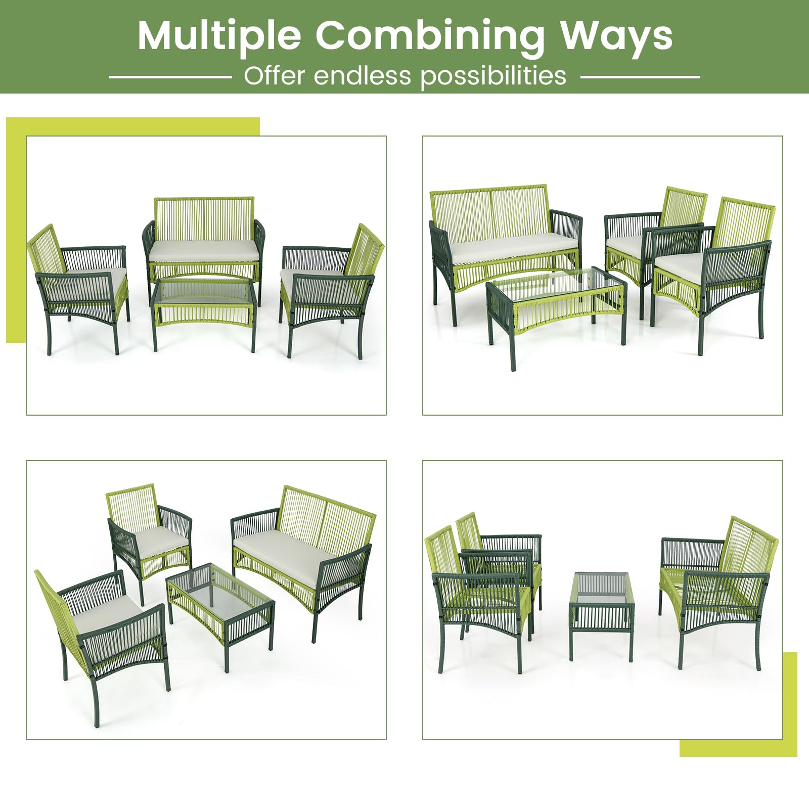 4 Piece Patio Round Wicker Conversation Set W/Soft Cushions