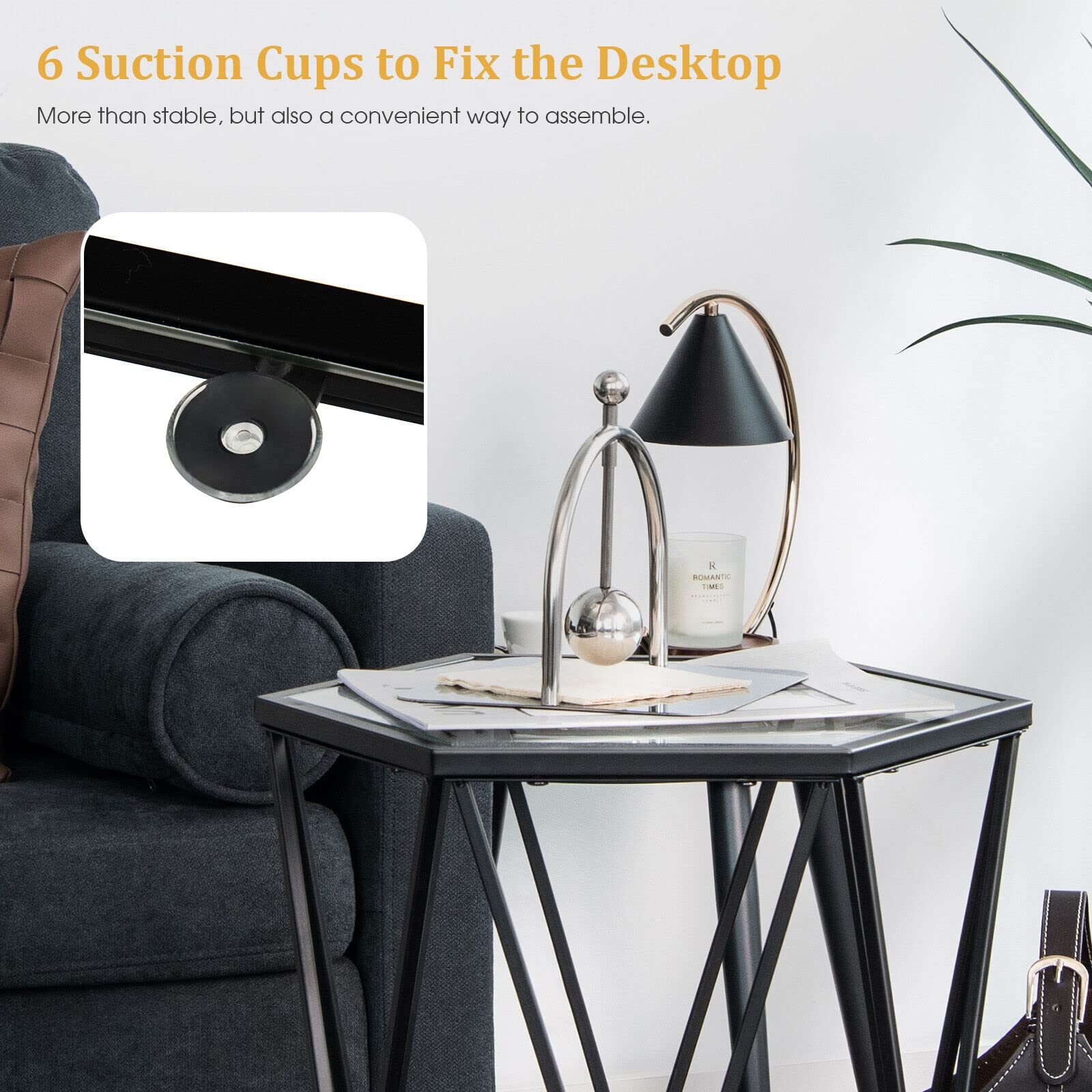 Giantex Compact Coffee Table, Hexagonal Side Table w/Tempered Glass Top & Metal Frame
