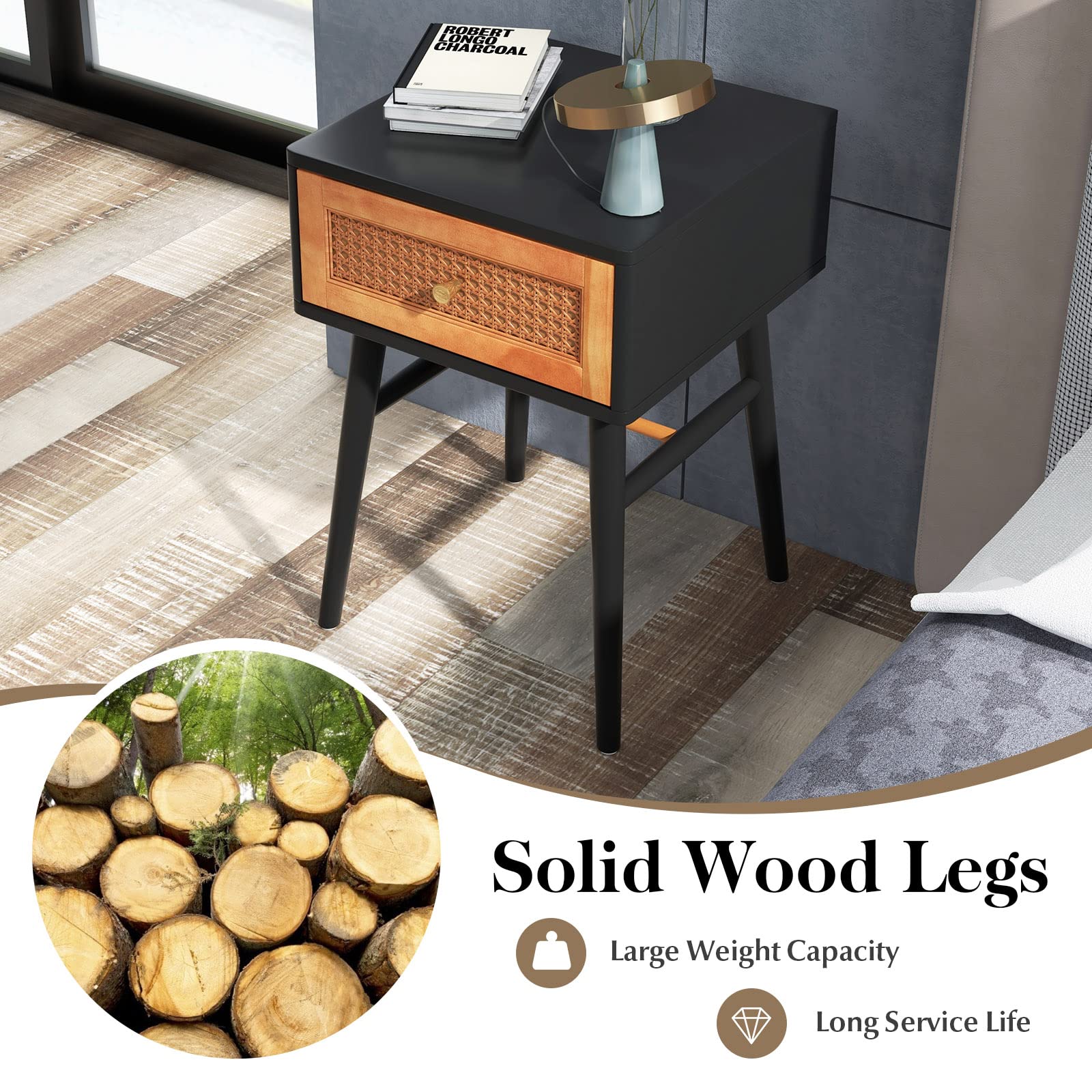 Giantex Rattan Nightstand, Boho Accent End Table with Storage Drawer