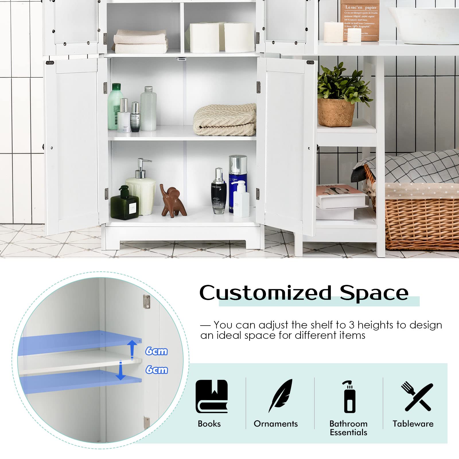 Giantex Bathroom Storage Cabinet, Kitchen Pantry Cabinet w/Tempered Glass Doors & Adjustable Shelf, White