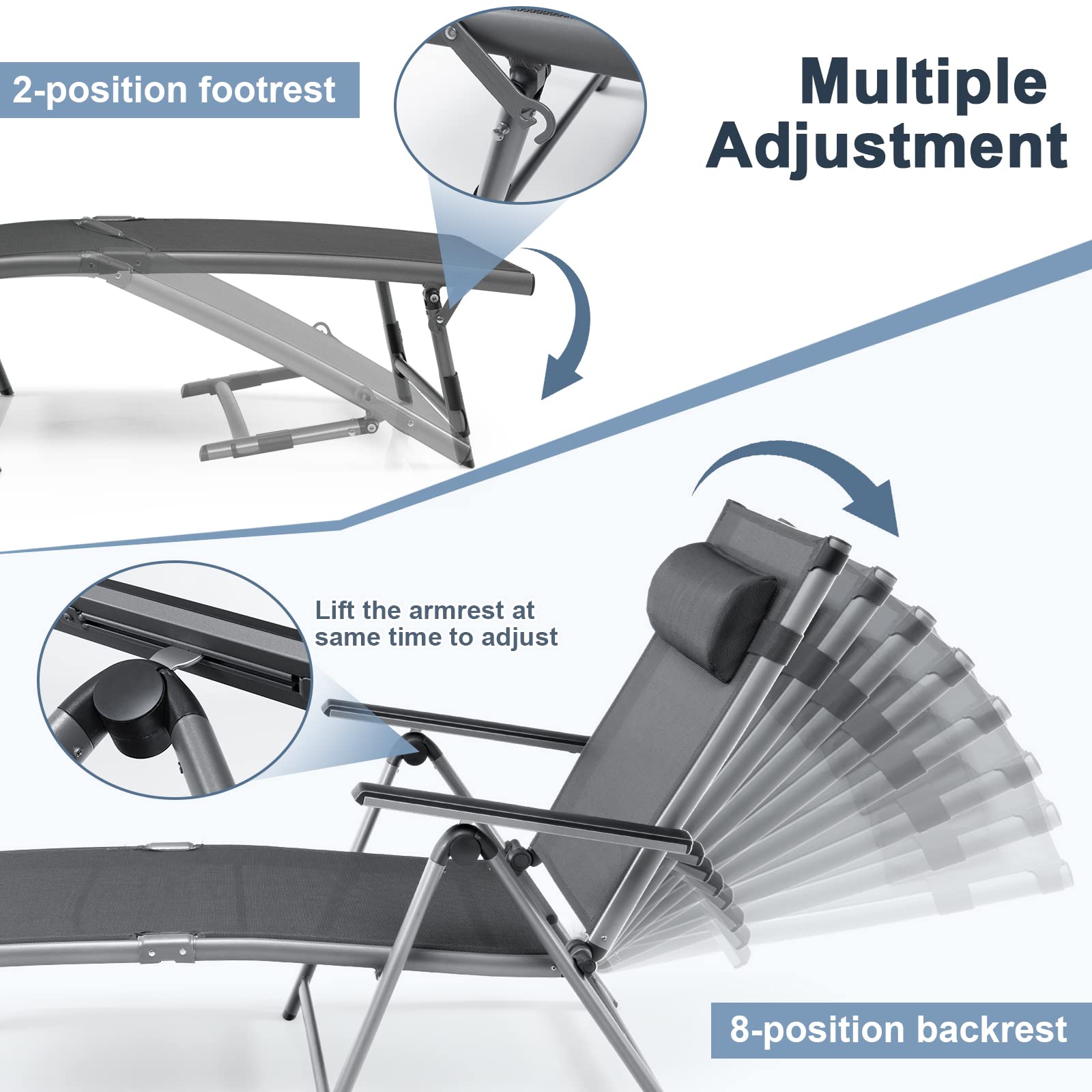 Patio Lounge Chair, Rustproof Aluminum Chaise Lounge Chair with 8-Position Adjustable Backrest
