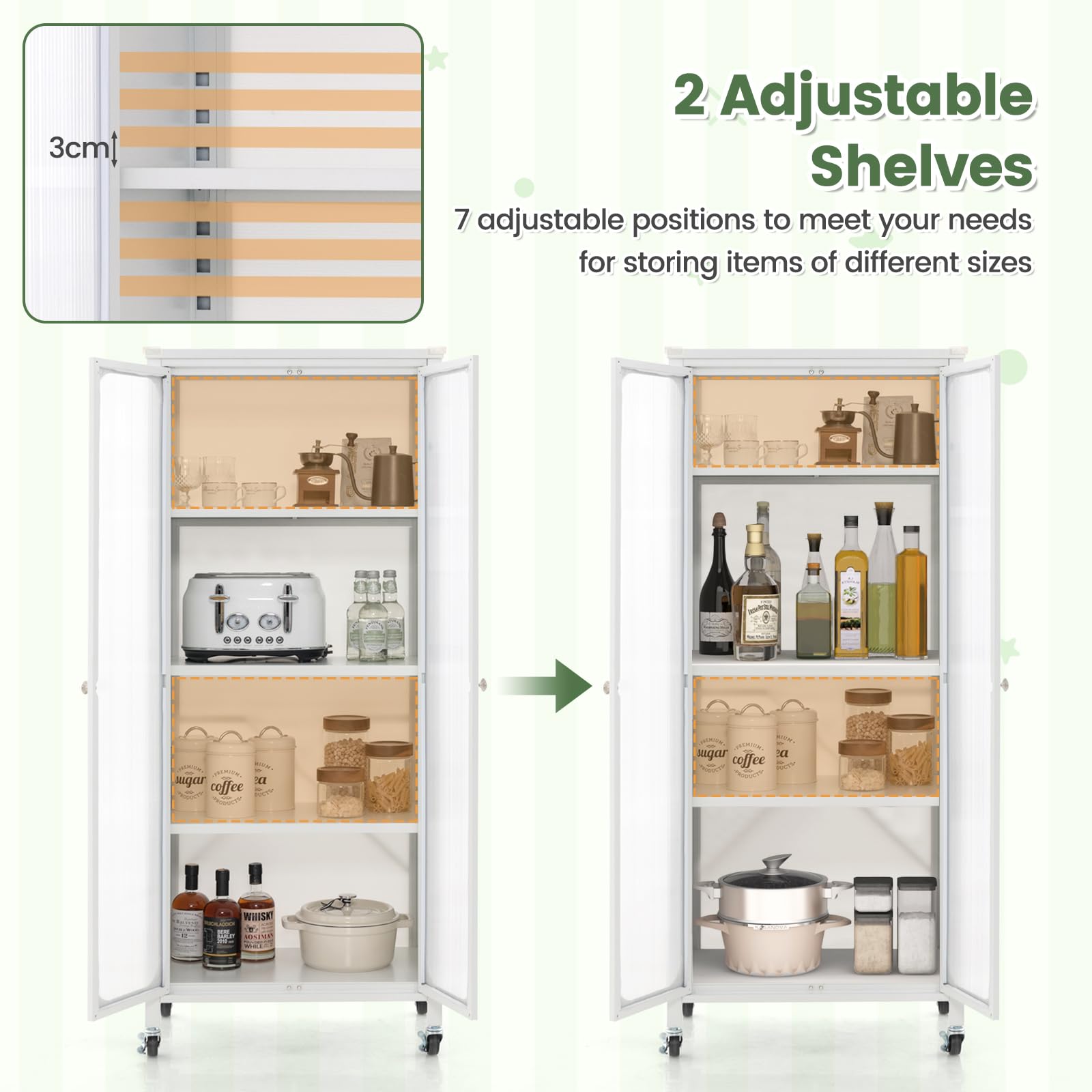 Giantex Glass Doors Storage Cabinet w/Wheels, Mobile 2 Doors Food Pantry Cupboard Cabinet