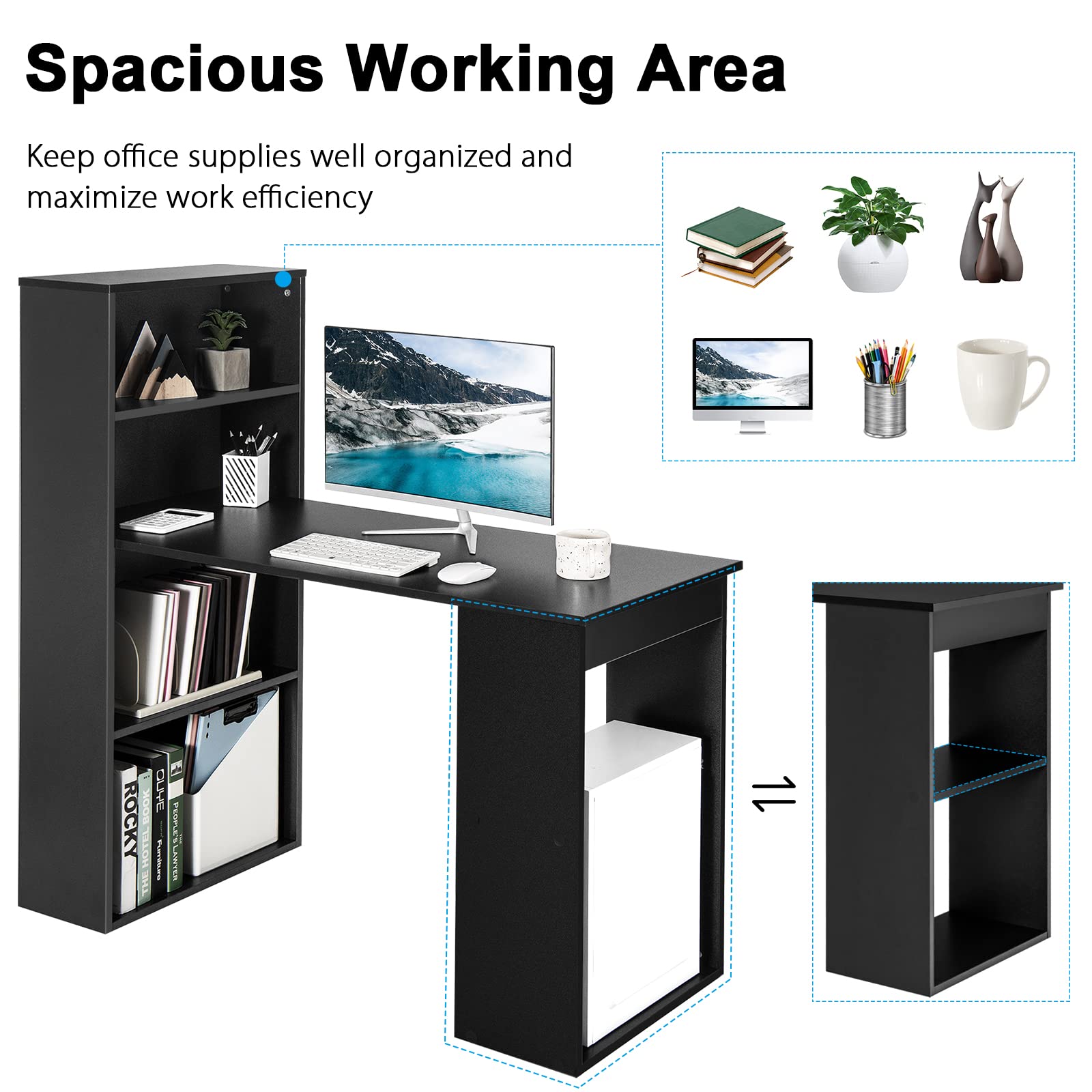 Giantex Reversible Computer Desk with Bookshelf