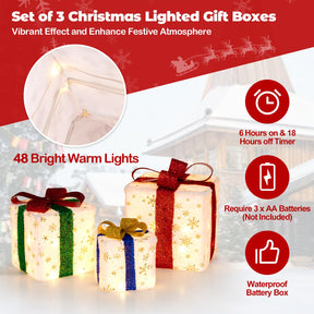 Set of 3 Christmas Lighted Gift Boxes, Pre-lit Christmas Decoration with 48 Bright Warm Lights