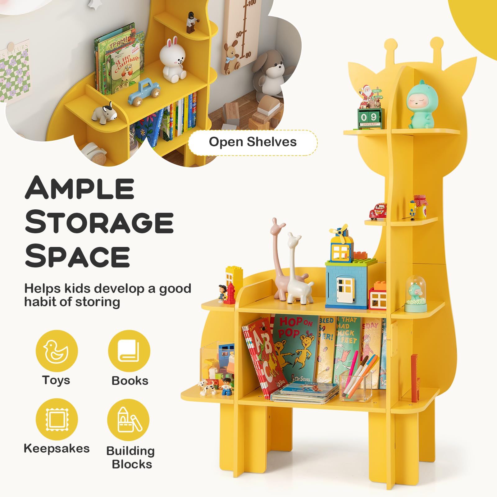HONEY JOY Giraffe Bookcase for Kids, 4-Tier Toy Storage Organizer with Open Storage Shelves