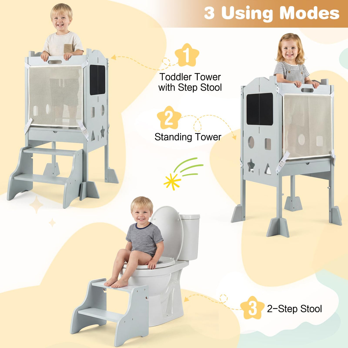 Foldable Toddler Tower with 3 Using Modes Step Stool, Standing Kitchen Tower w/ 2-Step Stool