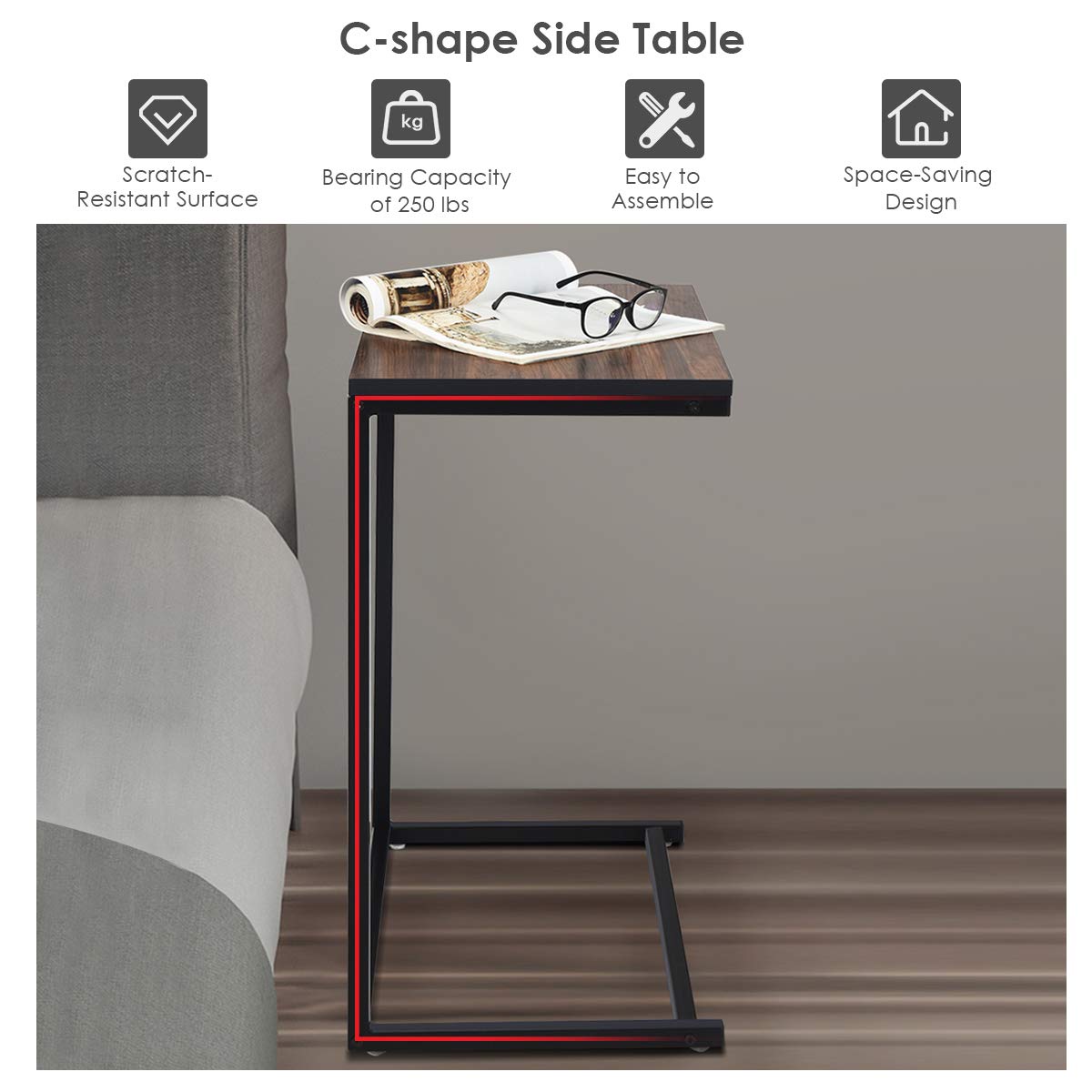 Snack Side Table, C-Shaped End Table for Sofa Couch, Bed, Wood Look Finish and Steel Frame, Space-Saving for Small Spaces