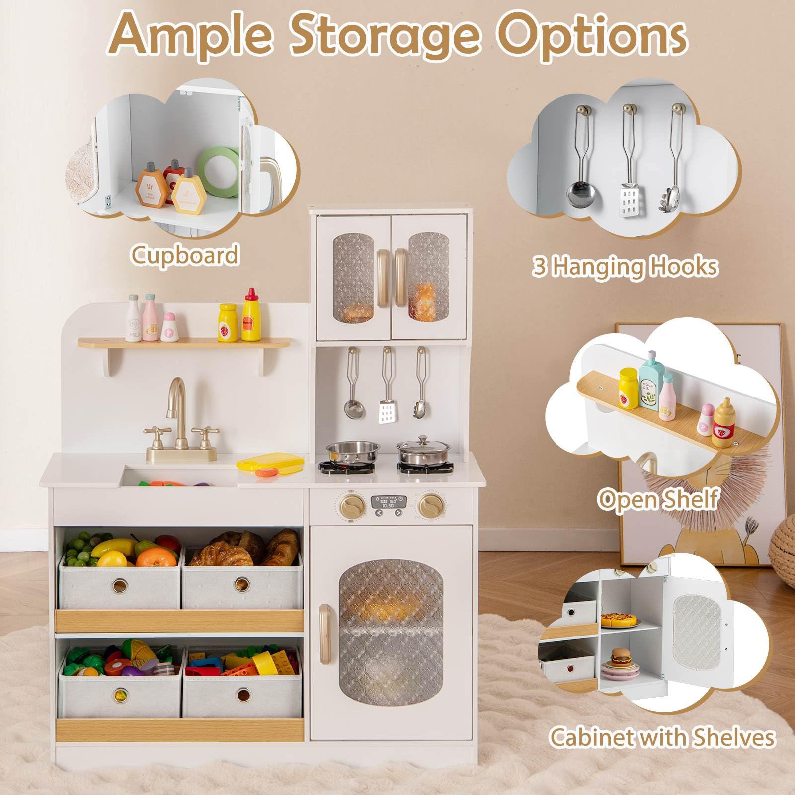 Play Kitchen for Kids with Storage, Wooden Toy Kitchen Set w/4 Storage Bins