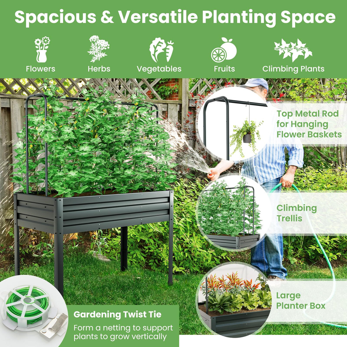3-in-1 Raised Garden Bed w/Greenhouse Cover & Trellis, Galvanized Metal Elevated Planter Box w/Legs