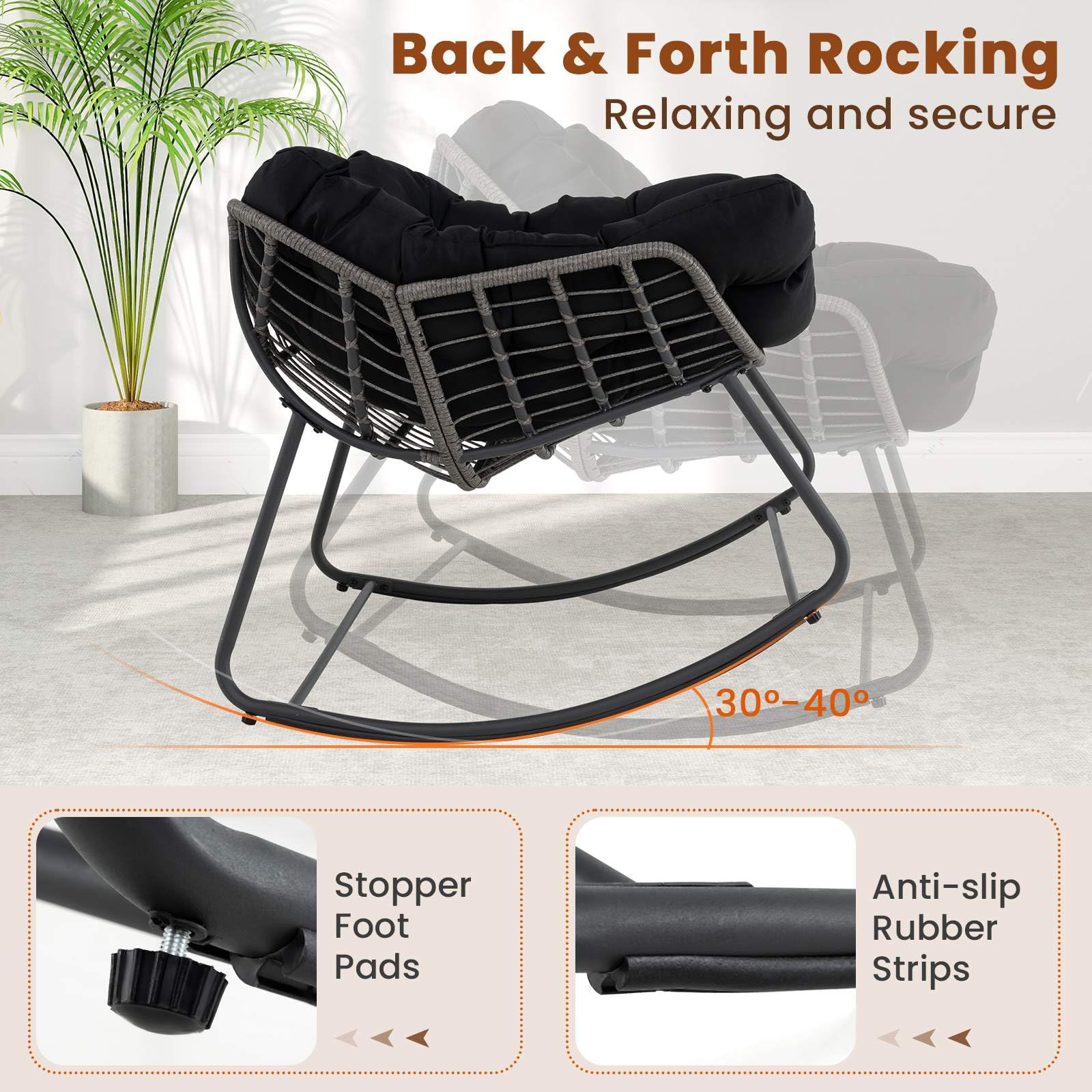 Outdoor Rocking Chair, Oversized Patio PE Wicker Egg Chair